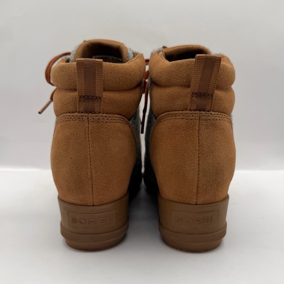 Sorel Evie Wedge Ankle Bootie Lace Waterproof Velvet Tan Suede Size 9.5 - Picture 4 of 7